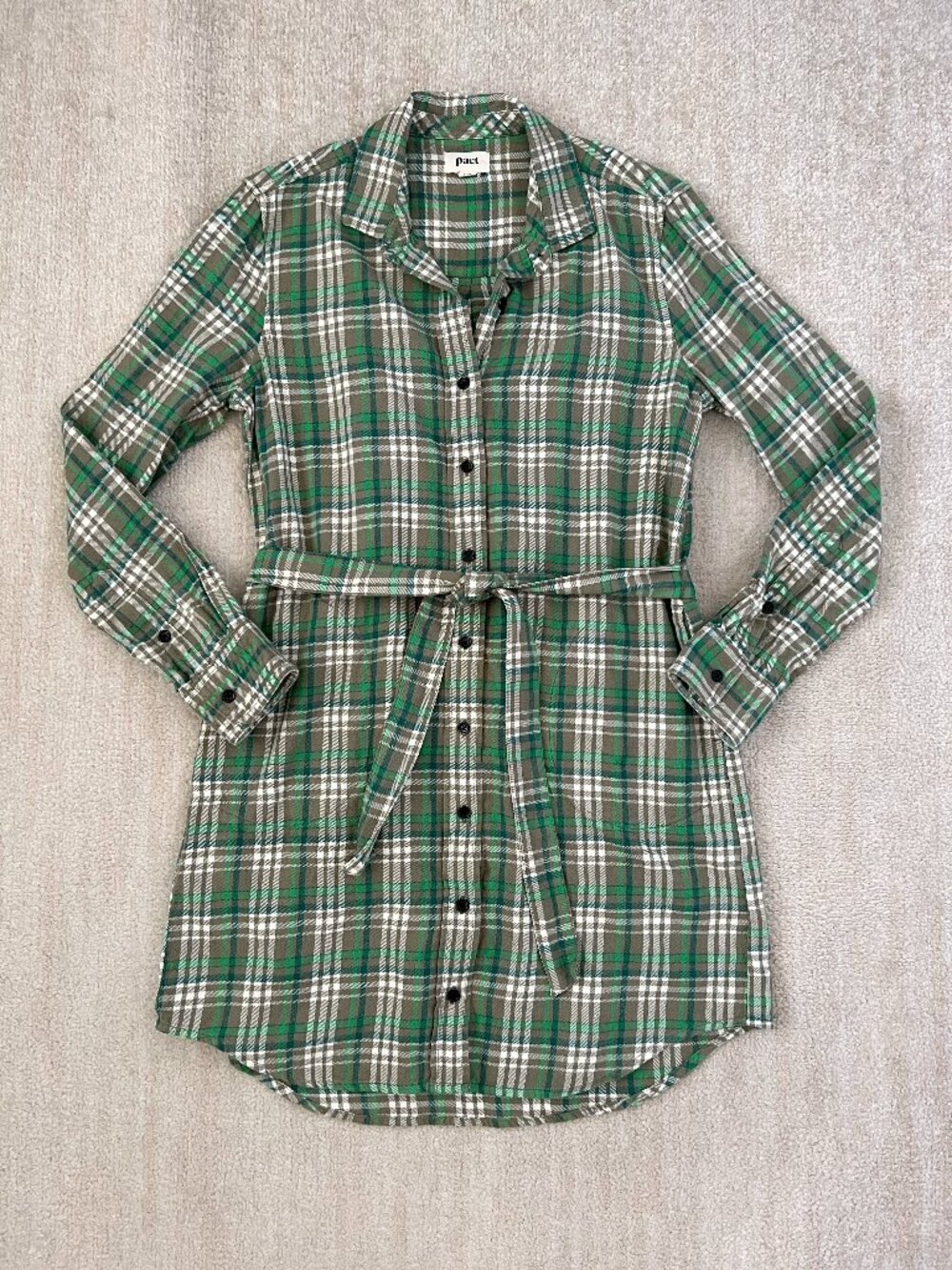 Pact Green Plaid Organic Cotton Flannel Shirt Dress With Pockets S Tie Waist